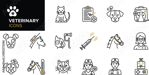 Veterinary and pet care line icon set featuring animal health, medical treatment, professional vet services, surgery, vaccines, and domestic animal clinic symbols.