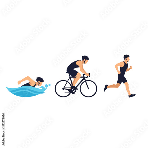 Three athletic men participating in triathlon activities: swimming, biking, running  