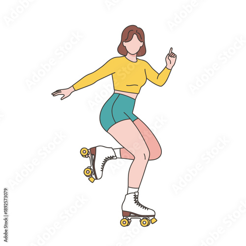 Young woman roller skating in stylish outfit with playful expression  