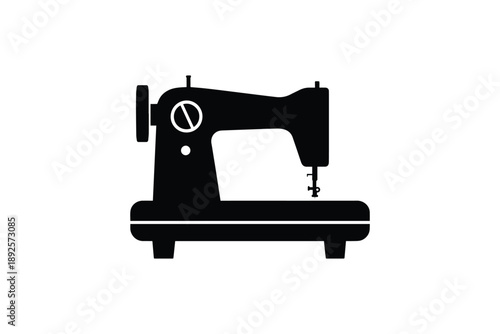 Black silhouette of vintage sewing machine icon on white background classic tailoring equipment vector style