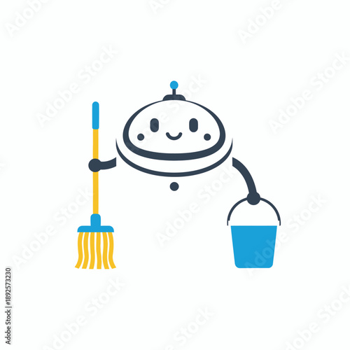 Cartoon cleaning robot holding a mop and bucket with a cheerful smile  