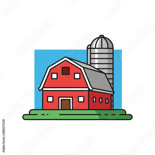 Red barn and silo on green grass with blue background  
