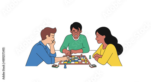 Three friends playing board game while sitting at a table indoors  