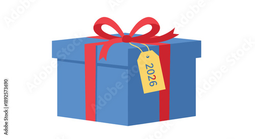 Blue gift box with red ribbon and 2026 tag on white background  
