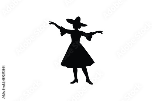 Silhouette of female mexican dancer wearing traditional hat and dress performing folk dance on white background