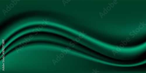 Green drapery silk fabric luxury background. Wavy abstract satin cloth vector texture pattern. Smooth shiny drape material curtain. Elegant velvet curve motion image realistic horizontal design.