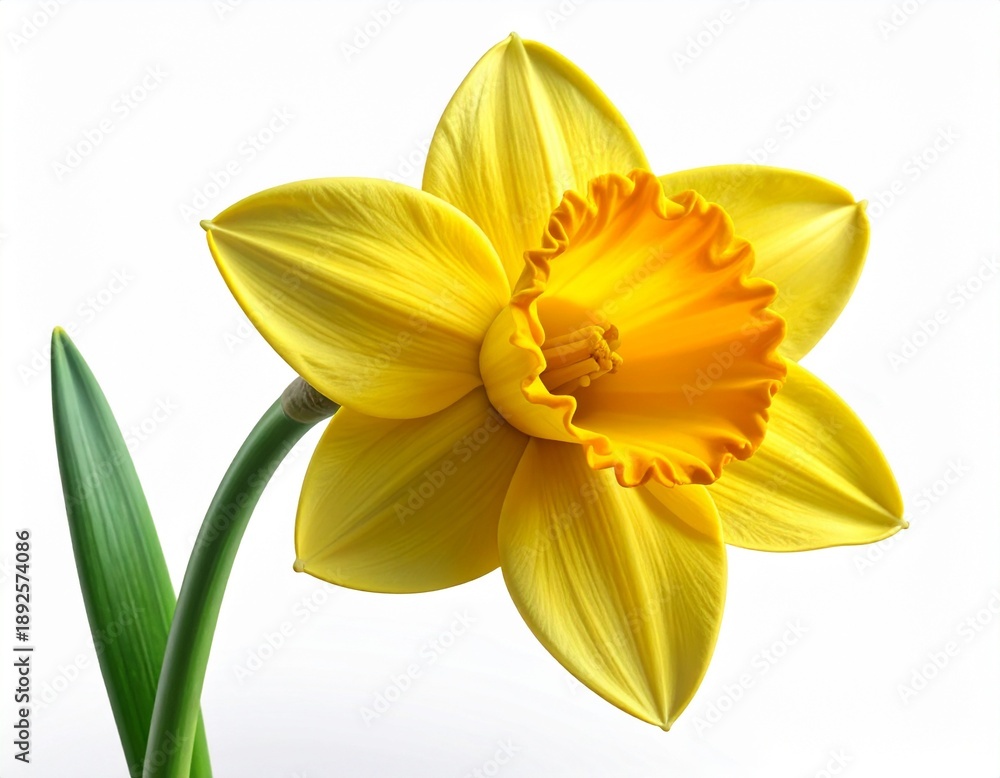 Obraz premium A single bright yellow daffodil flower with a green stem and leaf against a white background.