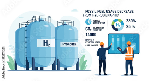 Two industrial workers discussing hydrogen fuel storage tanks with infographic in a clean and informative setting.