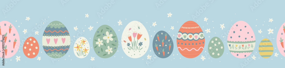 Fototapeta premium Cute hand drawn easter eggs horizontal seamless pattern, fun easter decoration, great for banners, wallpapers, cards - vector design