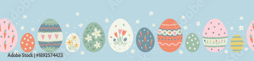  Cute hand drawn easter eggs horizontal seamless pattern, fun easter decoration, great for banners, wallpapers, cards - vector design