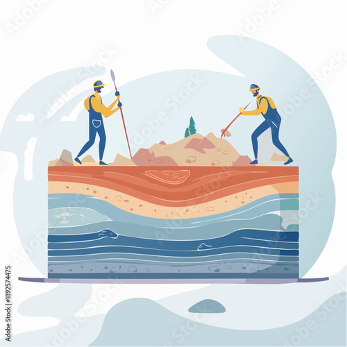 Geologists Examining a Cross section of Earths Layers