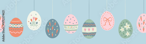  Cute hand drawn easter eggs horizontal seamless pattern, fun easter decoration, great for banners, wallpapers, cards - vector design