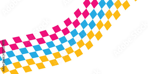 Racing flag background wave yellow, pink and blue colors. Finish flag. Square pattern colorful