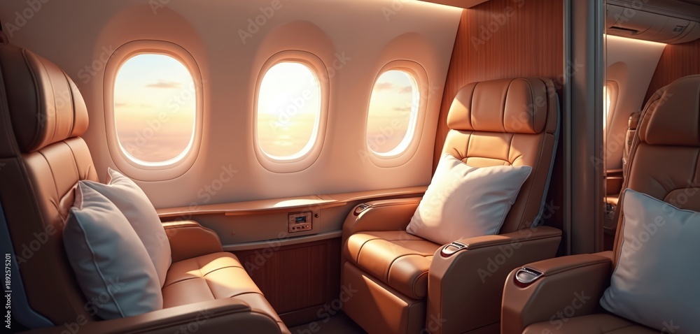 Fototapeta premium Luxury airplane cabin with empty first class seats. Wide windows show sunset sky over clouds. Plush brown leather chairs with white pillows provide comfortable travel experience. Peaceful journey