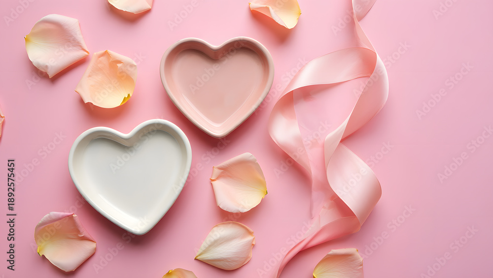 Fototapeta premium Valentine's Day: Soft Flat Lay with Candies and Ceramic Decor.