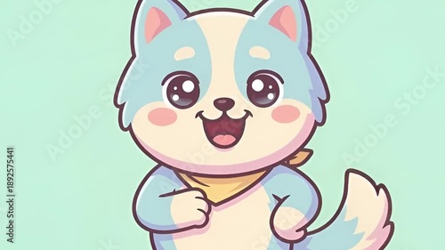 Cute Cartoon Puppy Character Waving with Pastel Colors on Mint Green Background, kids mascot character,

nursery animal illustration,

kawaii cartoon design