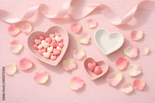 Valentine's Day: Soft Flat Lay with Candies and Ceramic Decor.