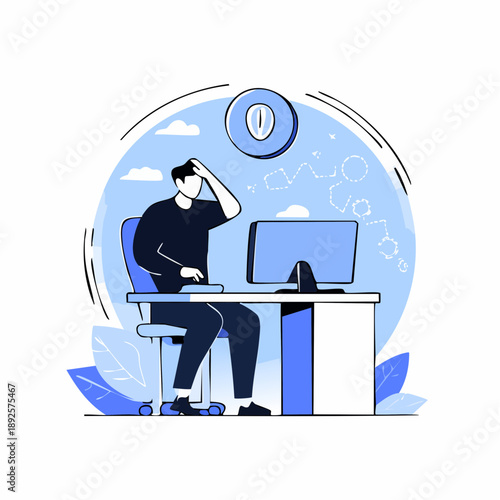 Frustrated man sitting at a desk looking at a computer screen, feeling overwhelmed and stressed while working remotely