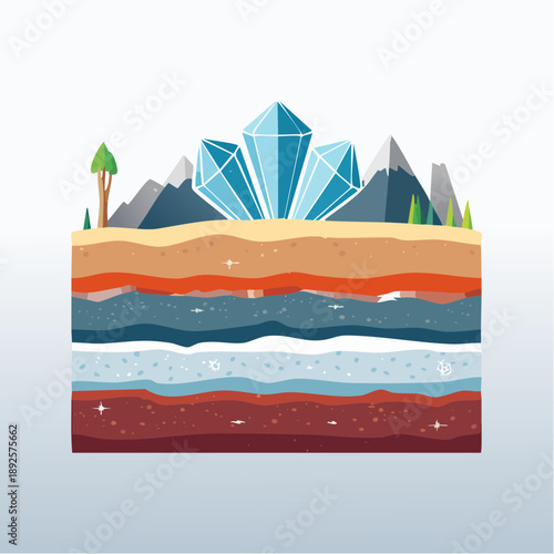 Cross section Illustration of Earth Layers with Crystals