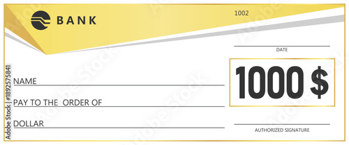 Golden check template. Blank banking check for payment, donation, or prize. Elegant gold wave design on white background. Financial business concept for gift or reward.