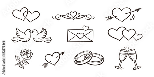 Romantic and Wedding Symbols - Hearts, Rings, and Love, Vector Illustration