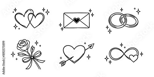 Valentine's Day and Wedding Love Icons - Hearts, Rings, and Roses, Vector Illustration