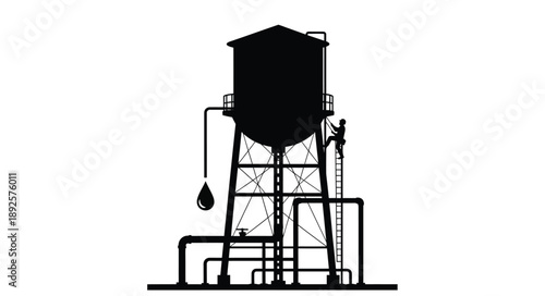 A simple black silhouette of a vintage water tower structure