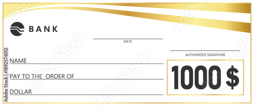 Golden check template. Blank banking check for payment, donation, or prize. Elegant gold wave design on white background. Financial business concept for gift or reward.