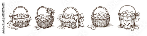 Baskets with Roses, Hand-drawn, Vintage Style, Rustic Design