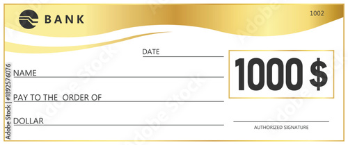 Golden check template. Blank banking check for payment, donation, or prize. Elegant gold wave design on white background. Financial business concept for gift or reward.