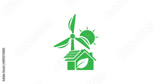 Green logo depicting a house powered by solar and wind energy