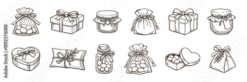 Hand-drawn Gift Boxes, Bags and Jars with Ribbons, Packaging Design