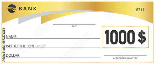 Golden check template. Blank banking check for payment, donation, or prize. Elegant gold wave design on white background. Financial business concept for gift or reward.