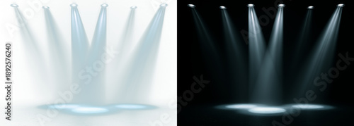 Six projectors emitting white-blue light downward on split background with transparent PNG and dark side. Dynamic stage lighting effect.