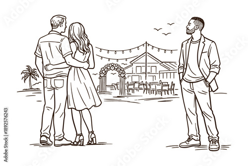 Wedding Couple and Lonely Man at Outdoor Celebration, Vector