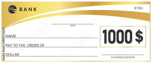 Golden check template. Blank banking check for payment, donation, or prize. Elegant gold wave design on white background. Financial business concept for gift or reward.