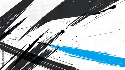 Abstract black and blue brush strokes with splatters on a white background, creating a dynamic and modern graphic design.