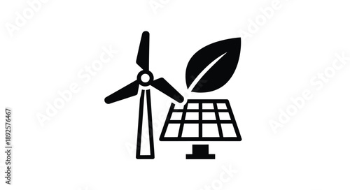 Renewable energy sources wind turbine and solar panel icon illustration