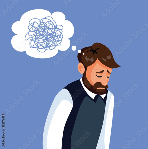 stressed Man with Tangled Thoughts Vector Illustration. Anxious guy having dark tangled thoughts 
