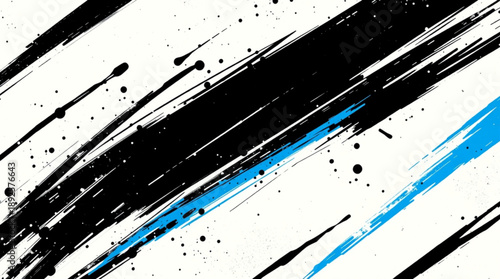 Dynamic abstract background with black and blue diagonal paint strokes and splatters on a white canvas, creating a grunge artistic effect.