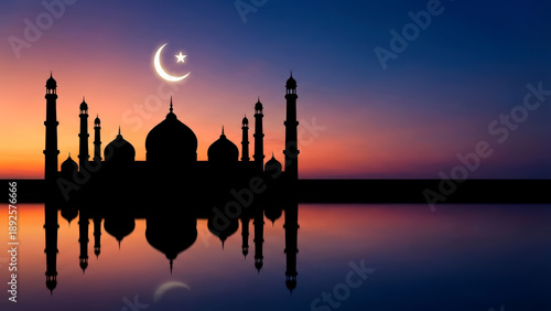 Majestic Mosque Silhouette Against Colorful Sunset with Reflection in Water