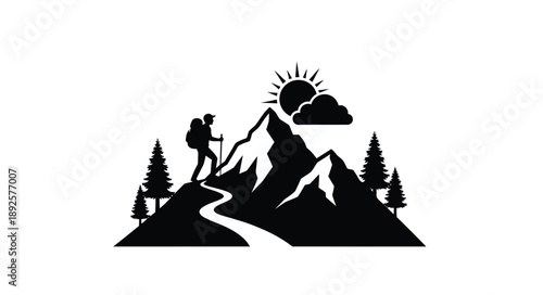 Silhouette of a hiker ascending a mountain range under a rising sun