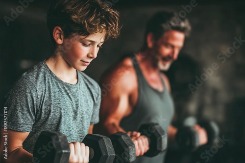 Father and teenage son exercising together with dumbbells in home gym Generative AI