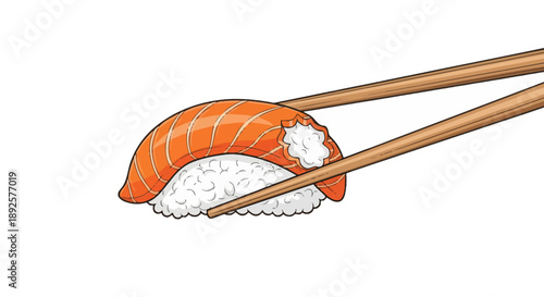 Bitten salmon nigiri sushi cartoon held by chopsticks isolated