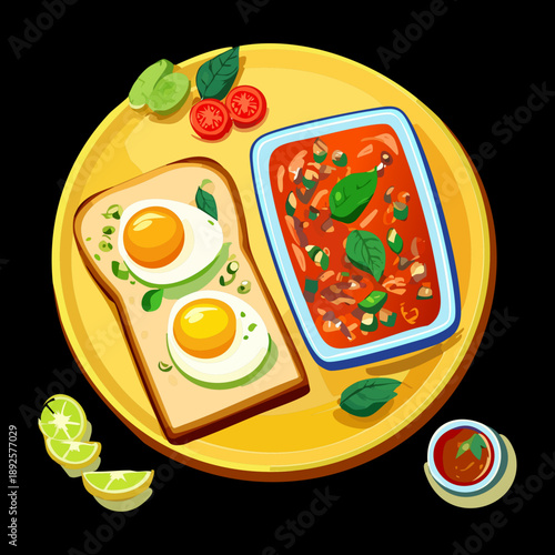 Breakfast plate assortment featuring strawberry toast and banana toast with peanut butter on green - Vector Illustration
