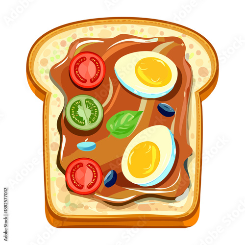 Healthy breakfast toast topped with boiled eggs and fresh red tomato slices on white - Vector Illustration