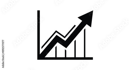 Simple black graphic depicting a rising bar chart with an upward trend