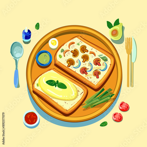 Breakfast platter with omelet bread slices and fresh mushrooms on a wooden cutting board - Vector Illustration