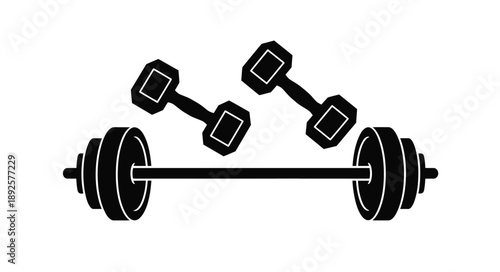 Black and white illustration of a barbell with dumbbell accents