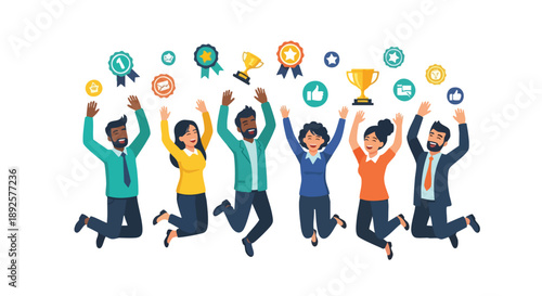 Diverse Team of High-Performers Celebrating Q4 Goal Achievement and Corporate Success